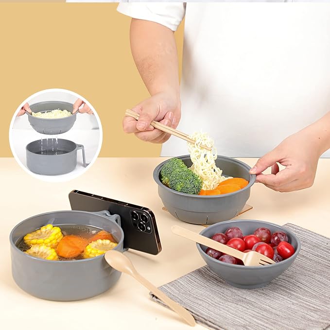 Microwave Ramen Cooker,Ramen Bowl With Chopsticks and Spoon,For Office College Dorm Room Essentials Instant Lunch Ideal for Shin and Buldak Noodle On The Go, Dishwasher-Safe,BPA-Free. (gray)