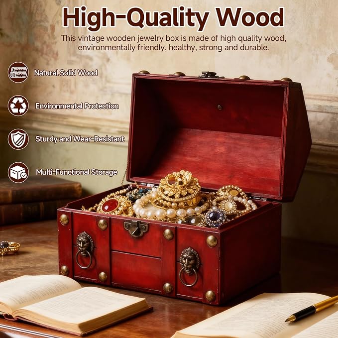 Large Vintage Wooden Treasure Chest Antique Box with Metal Lock | Wood Jewelry Box Storage Decorative Boxes Handmade Rectangle Organizer for Women Ring Necklace Earring Coins Collectibles