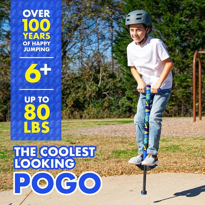 Flybar Jolt Pogo Stick for Kids, Perfect for Beginners w/Foam-Covered Metal Frame, Handles & Padding, Non-Slip Foot Pads, Wide Tip, Outdoor Active Play Toy for Boys & Girls, Ages 6+, Geo