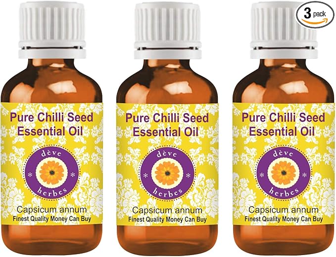 Deve Herbes Pure Chilli Seed Essential Oil (Capsicum annum) Steam Distilled (Pack of Three) 100ml X 3 (10 oz)