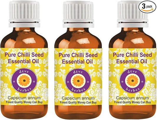 Deve Herbes Pure Chilli Seed Essential Oil (Capsicum annum) Steam Distilled (Pack of Three) 100ml X 3 (10 oz)