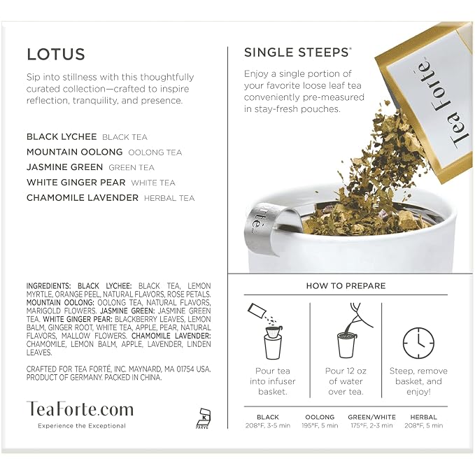 Tea Forte Single Steeps Loose Leaf Tea Sampler, Assorted Variety Tea Box, 15 Single Serve Pouches, Lotus