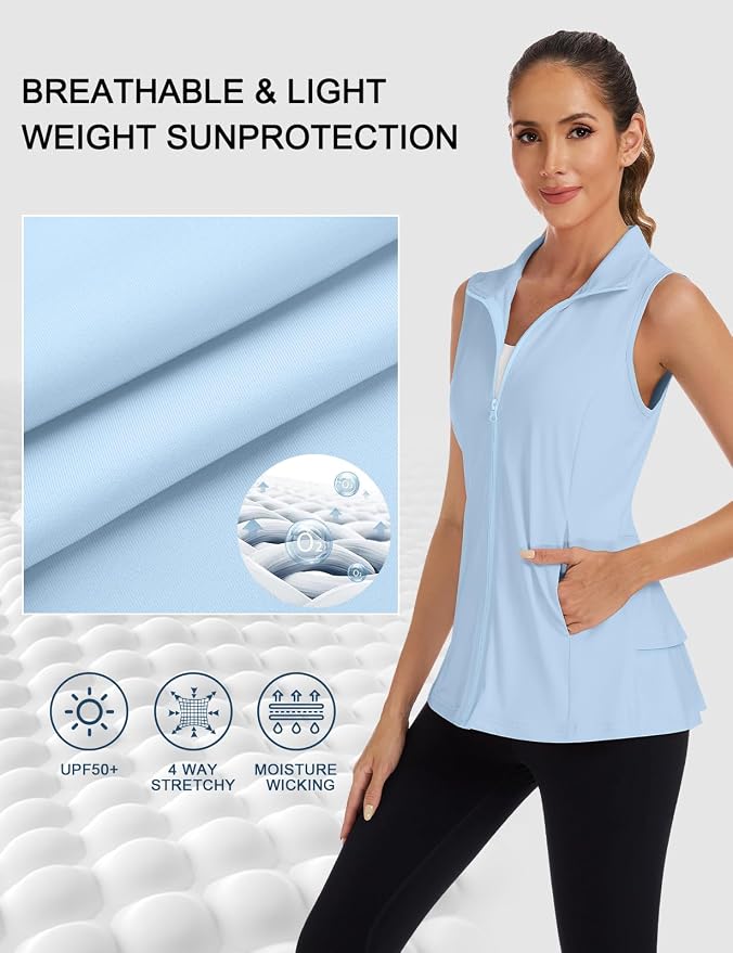 Women's Golf Vest with Pleated Tennis Skirt Hem Lightweight Full Zip Sleeveless Athletic Shirts with Pockets