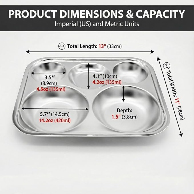 Korean Stainless Steel Large Divided Plates for Adults & Teens 2-Pack | Premium 304 electro-polished stainless steel, no black residue, BPA-free large tray for diet portion control