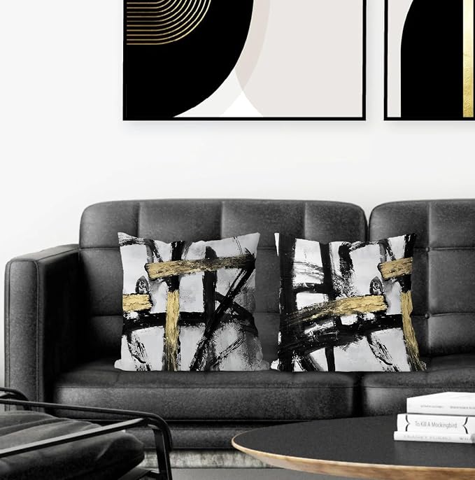 Black White Gold Pillow Covers, White Black and Gold Pillow Covers 18x18 Set of 2, Modern Black and White Pillow Covers for Couch Bed Living Room