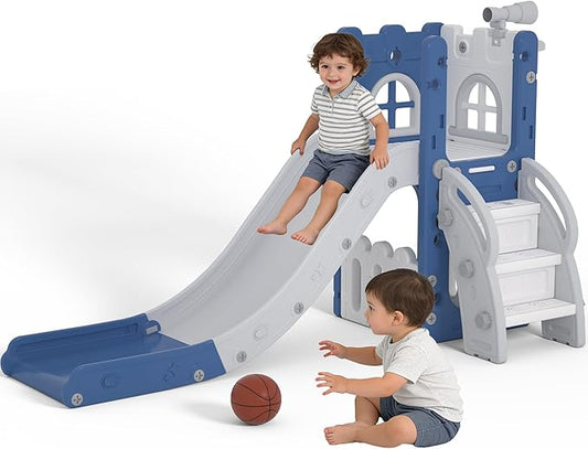 6 in 1 Toddler Slide Playset, Kids Indoor Outdoor Playground with Basketball Hoop,Storage and Telescope,Toddler Climber Slide Activity Center