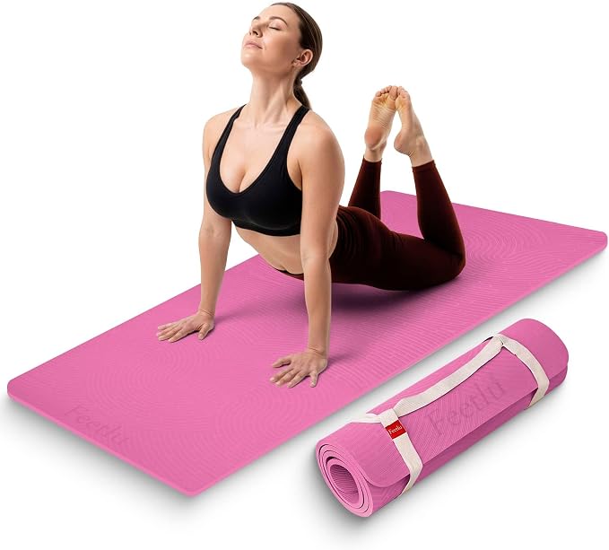 Extra Thick 12mm Exercise Mat – 74"L x 26"W Inch, Non-Slip, Joint-Friendly & Cushioned Fitness Mat for Yoga, Pilates & Floor Workouts – Durable, Supportive & Includes Feetlu Classic Strap