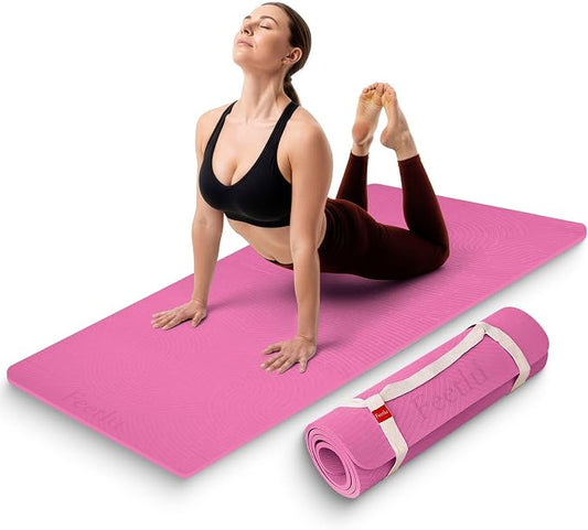 Extra Thick 12mm Exercise Mat – 74"L x 26"W Inch, Non-Slip, Joint-Friendly & Cushioned Fitness Mat for Yoga, Pilates & Floor Workouts – Durable, Supportive & Includes Feetlu Classic Strap