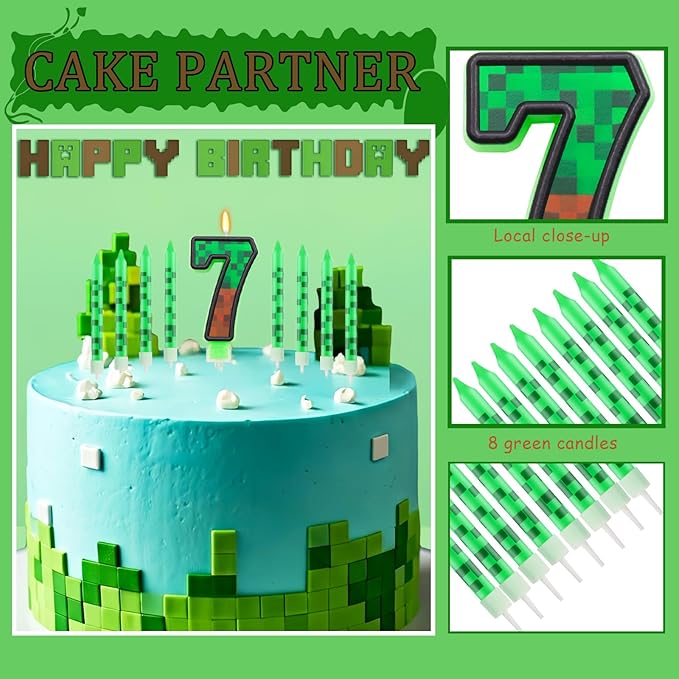 Pixels Themed 7th Birthday Candle, Pixels Cake Topper for Boys Girls, 9 Pcs Candle Set, Game Cartoon Theme Birthday Party Supplies (Number 7)
