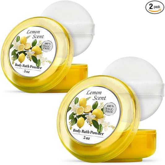 R-NEU Body Powder for Women with Powder Puff, 100% Talc-Free, Luminous Lemon Scented Dusting Powder, After Bath for Soft Skin, Extra Large, 2 Pack (10oz)