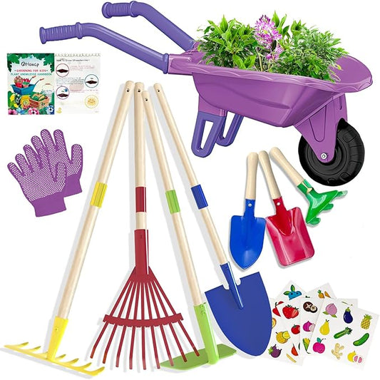 Qtioucp Kids Gardening Tools Outdoor Toys Set Backyard Play with Wheelbarrow Educational STEM Learning Pretend Toys Outdoor Indoor for Toddlers Kids Boys Girls