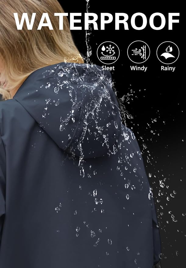 Zando Long Packable Rain Jacket Women Waterproof Raincoat with Hood | Relaxed-Fit Lightweight Windbreaker for Women; Travel Rain Coats for Commute, Hiking, Cruise, and Daily wear