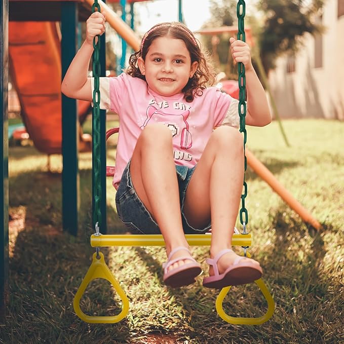 LadyRosian 17" Gym Trapeze Swing Bar Rings 47" Heavy Duty Chain Swing Set Accessories with Locking Carabiners Plastic Coated Chains Monkey Bars for Backyard, Playroom (Yellow)
