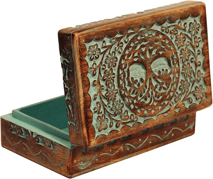 ETROVES Carved Wooden Box - Decorative Memory Storage Wood Case Single Compartment for Women and Men Jewelry - Vintage Trinket Box, 8 Inch, Turquoise