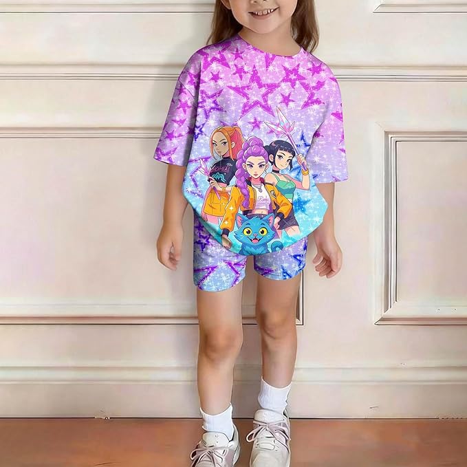 K-POP DEM0N Hunters Outfits for Girls, 2 Piece T-Shirts and Apparel Sets Birthday Gift