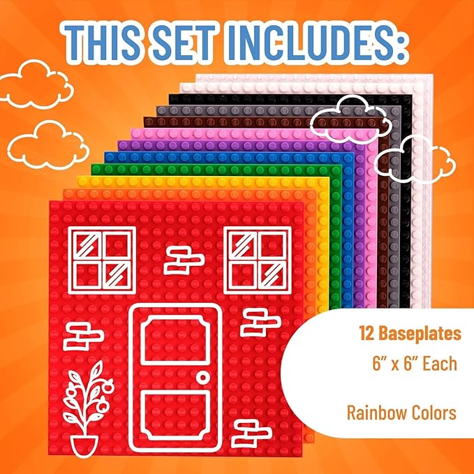 Strictly Briks Stackable Baseplates for Building Toy Pack - Compatible with Lego - 12-Pack, 6x6 in - Rainbow Color Baseplates
