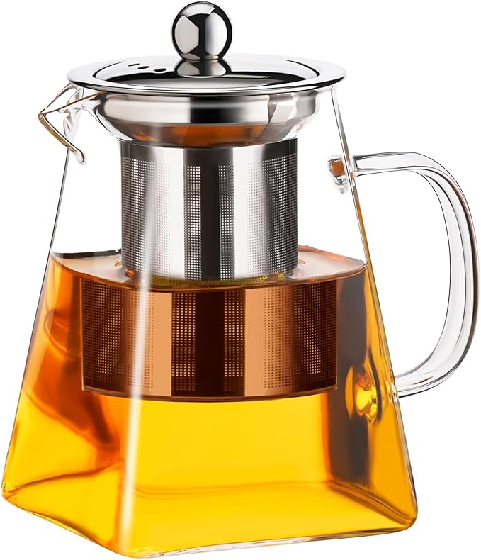 PARACITY Glass Teapot Stovetop 32OZ, Borosilicate Clear Tea Kettle with Removable 18/8 Stainless Steel Infuser, Teapot Blooming and Loose Leaf Tea Maker Tea Brewer (square, 550ML)
