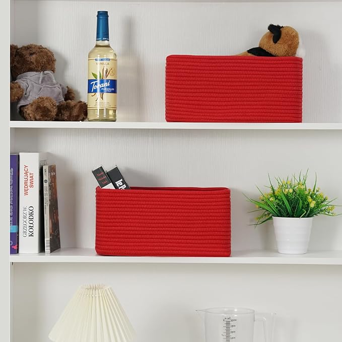 3 Pack Storage Baskets for Organizing, 13.7×9.5×6.3", Red | Woven Baskets for Shelves, Cotton Rope Basket for Gifts Empty, Closet Organizer Bins with Handles, Cube Decorative Box