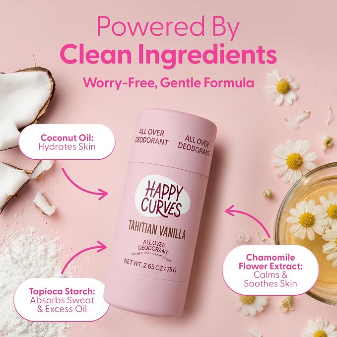 HAPPY CURVES All Over Whole Body Deodorant for Women - Aluminum-Free - Invisible All Day Layer of Full Body Protection for Long Lasting Odor Control, Sensitive Skin, & Private Parts - Tahitian Vanilla