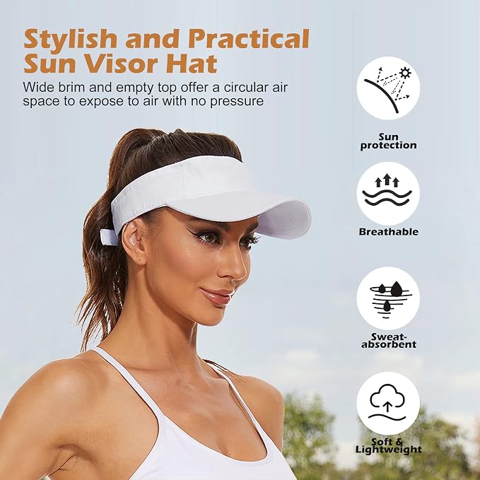 Zando 3.2" Structured Brim Visor Hats for Women, UPF 50+, Golf/Tennis | 3.2"Structured Brim Adds Sun Coverage, Steady View, Quick-dry Sweatband, Open-Top Ponytail Fit, Adjustable Fit & Lightweight