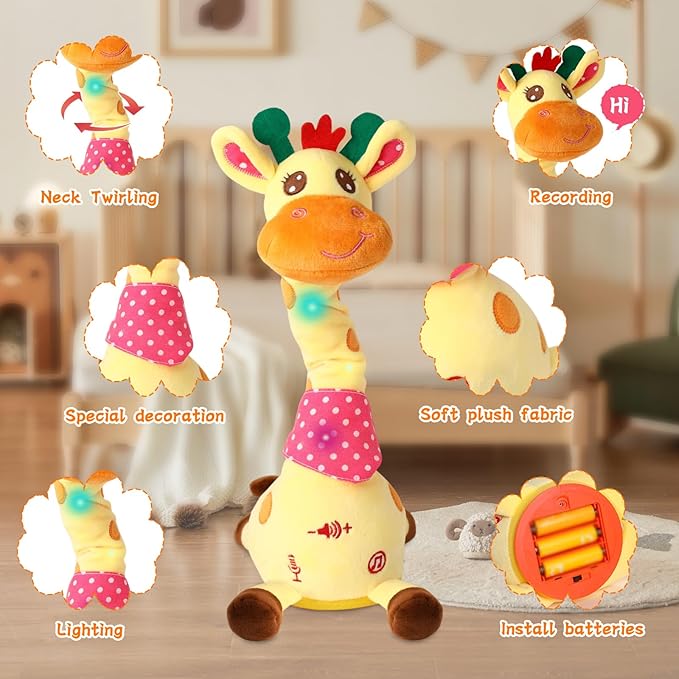 LUKETURE Dancing Talking Giraffe Toy Stuffed Plush, Cute Interactive Talking Giraffe Gift for Girls Boys Kids, Musical Baby Toys Singing 10 Children's Song Repeats What You Say (Dancing Giraffe)