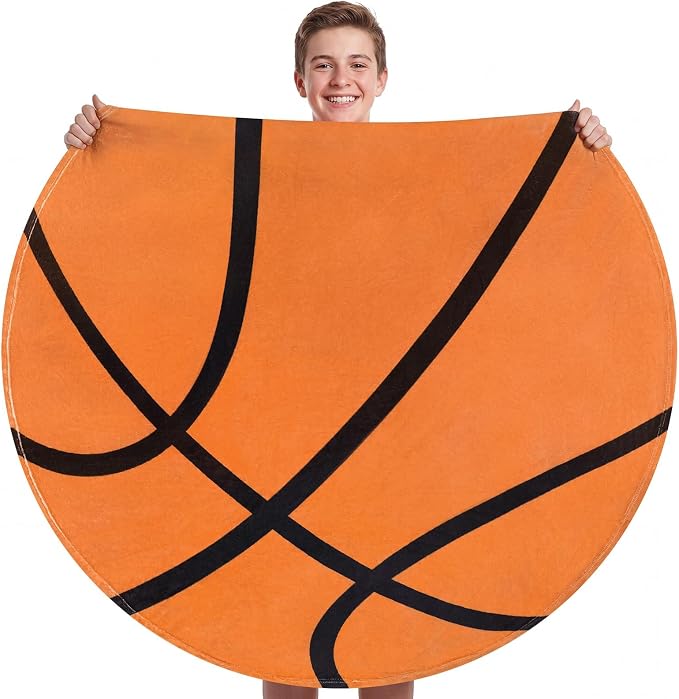 SeaRoomy Sports Balls Blanket, Novelty Funny Basketball Blanket, 60 in | Round Basketball Throw for Adults, Teens & Kids, White Elephant Gag Gifts for Sports Fans, Christmas & Birthday Presents