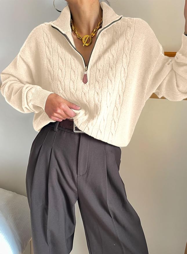 Dokotoo Women's Sweaters 2026 Fall Winter Quarter Zip Ribbed Cable Knit | Long Sleeve,Polo Neck,Lightweight Knit Pullover,Soft Comfy Tops,Casual Trendy Outfits,Fashion Clothing