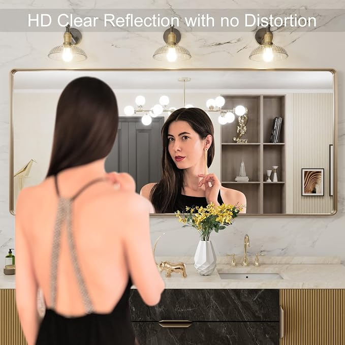 LOAAO 72"X32" Gold Bathroom Mirror | Rounded Rectangle, Brushed Gold Frame, Wall-Mounted, Anti-Rust, Tempered Glass, Hangs Horizontally or Vertically