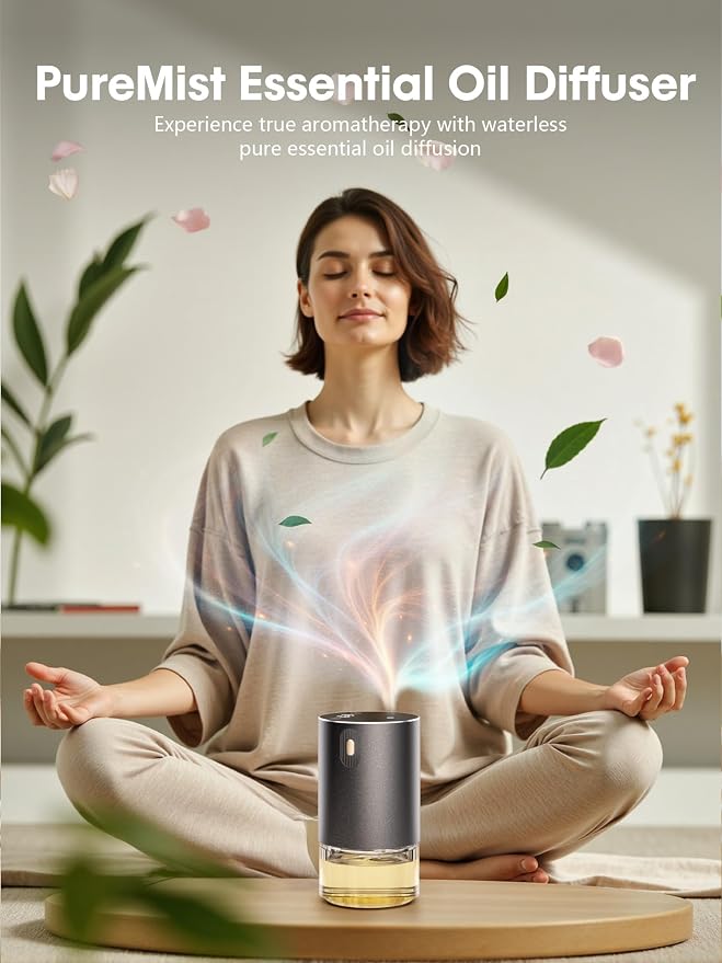 Waterless Essential Oil Diffuser, Rechargeable Aromatherapy Scent Diffusers for Home, Car, Bedroom, Office, 1/2/4/8-Hour Timer, 100ml Capacity, 4 Mist Levels, Metal Black