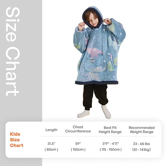 Giggling Getup Glow in The Dark Wearable Blanket Hoodie for Girls and Boys Warm Cozy Sherpa Fleece Hooded Blanket Sweatshirt Oversized Hoodie with Giant Pocket & Sleeves for Kids Blue Dinosaur Glow