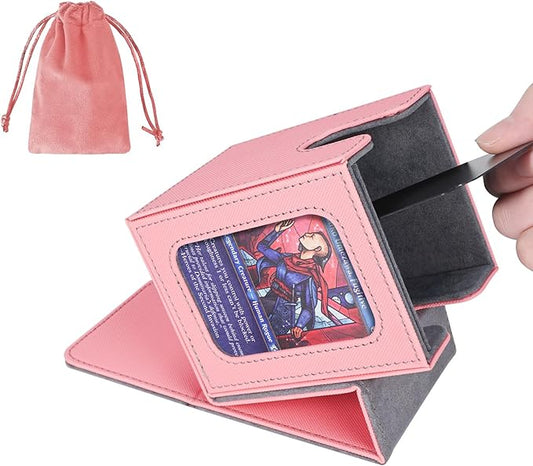 AFIING MTG Deck Box for Commander Display,Card Deck Box Fits 100 Double Sleeved Cards, Magic Commander TCG Card Storage Box with 2 Dividers,Drawstring Bag and 1 Toploader(Pink/grey)