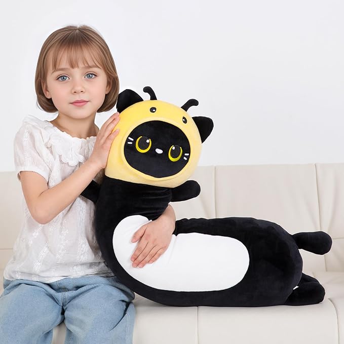 36 inch Bee Black Cat Long Plush Body Pillow Toy, Kitten Plushies with Stuffy Honeybee Oufit Big Stuffed Animals Gfit for Kids Boys Girls, Birthday