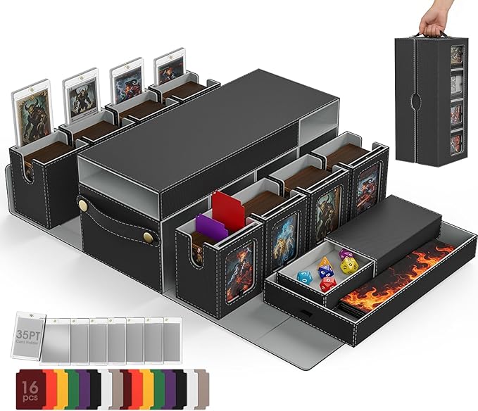 Cortile Commander Deck Box for MTG, 10 IN 1 Card Deck Box with 8-Deck Modular Card Case and 2 Dice Trays Holds 1040+ Double-sleeved Cards, Removable MTG Deck Box with Handle for TCG/EDH, Black Grey