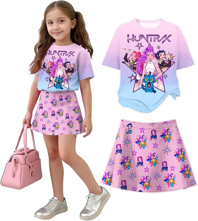 HTHLVMD K Pop Short Sleeve T-Shirt and Skirts Outfits Set for Girls Hunters Rumi Mira Zoey Graphic Tees De-Mon Costume