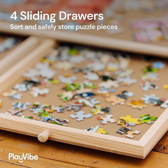 PlayVibe 1000 Piece Puzzle Board with Drawers and Cover - Portable Wooden Jigsaw Puzzle Tray with Drawers, Solve Station & Sturdy Table, Cozy Indoor Game Night