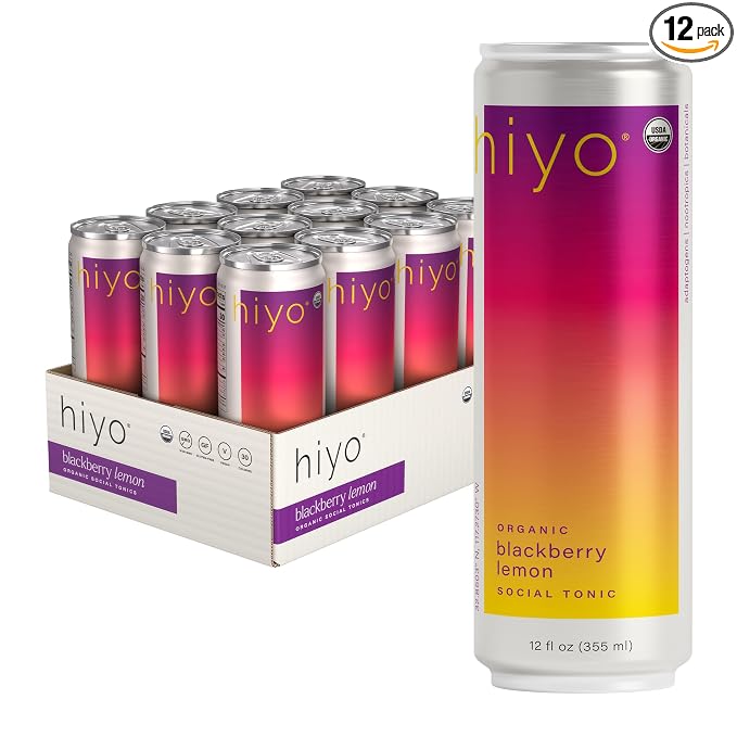 Hiyo Organic Social Tonic – Blackberry Lemon, 12 Pack - Non-Alcoholic Functional Seltzer, Flavored Sparkling Water Crafted with Organic Adaptogens, Nootropics & Botanicals