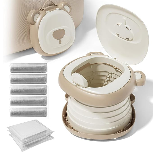 Portable Toddler Travel Potty with Extra 60 Absorbent Pads and 5 Rolls of Liners, All-in-One Travel Potty Set - Khki