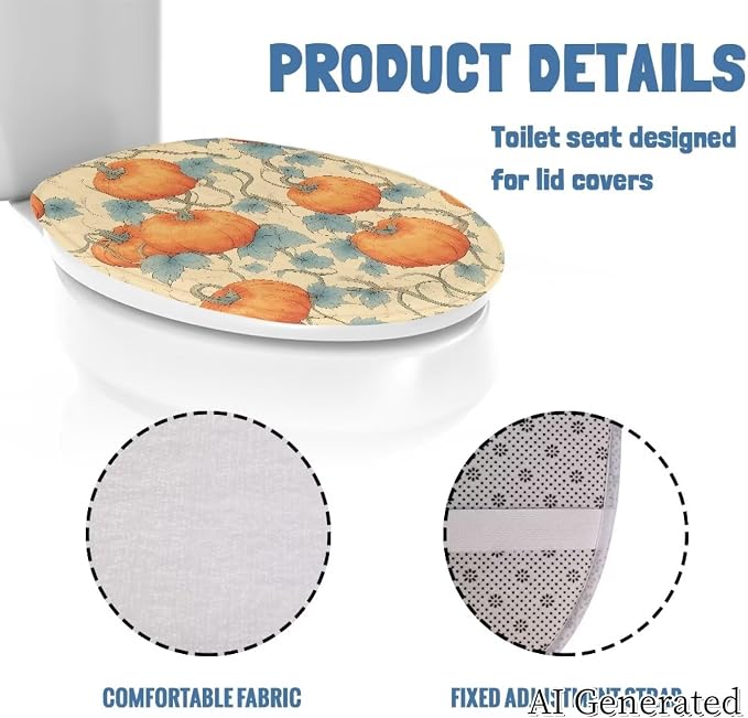 Pumpkin Vines Plush Toilet Seat Cover, Washable Elongated Oval Lid Protector, Beach Style Bathroom Decor Accessory