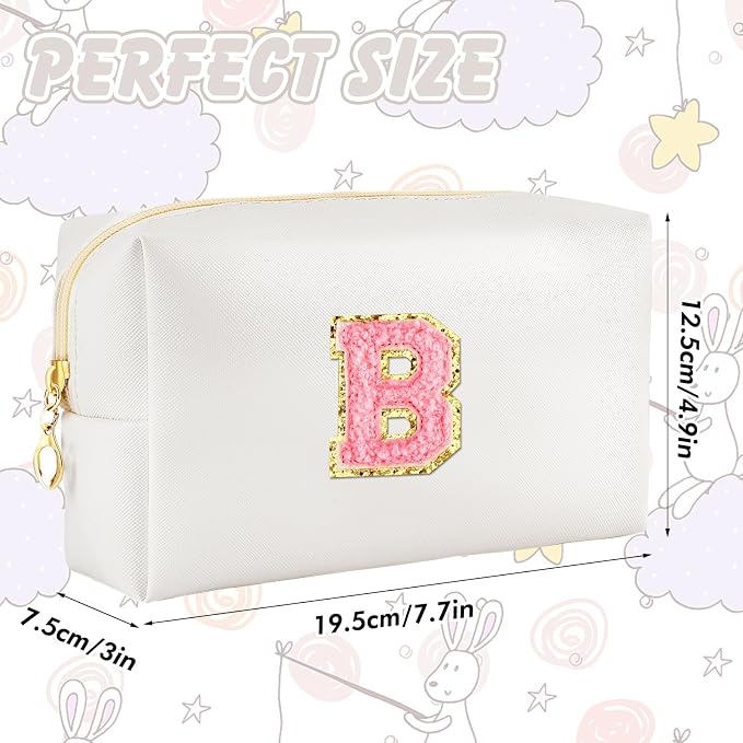 URSKYTOUS Initial Makeup Bag Personalized Preppy Travel Small Cosmetic Bag Cute PU White Chenille Letter Makeup Pouch for Purse Waterproof Zippered Toiletry Organizer for Women Girls Kids Friends (B)