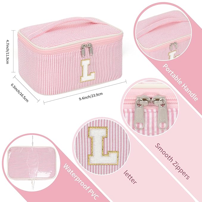 OCHEAL Makeup Bag Valentines Day Gifts for Women, Monogram Cosmetic Bag Pink Travel Makeup Case Beauty Toiletry Bag Organizer Personalized Gifts for Girls Bridesmaid, Sister, Wife, Friends Initial L