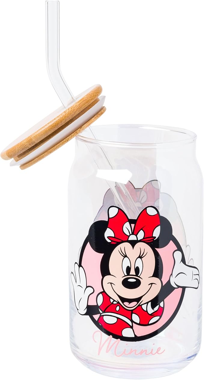 Silver Buffalo Disney Mickey and Friends Featuring Minnie 2 Pack Glass Jar Tumbler with Bamboo Lid and Glass Straw, 16 Ounces