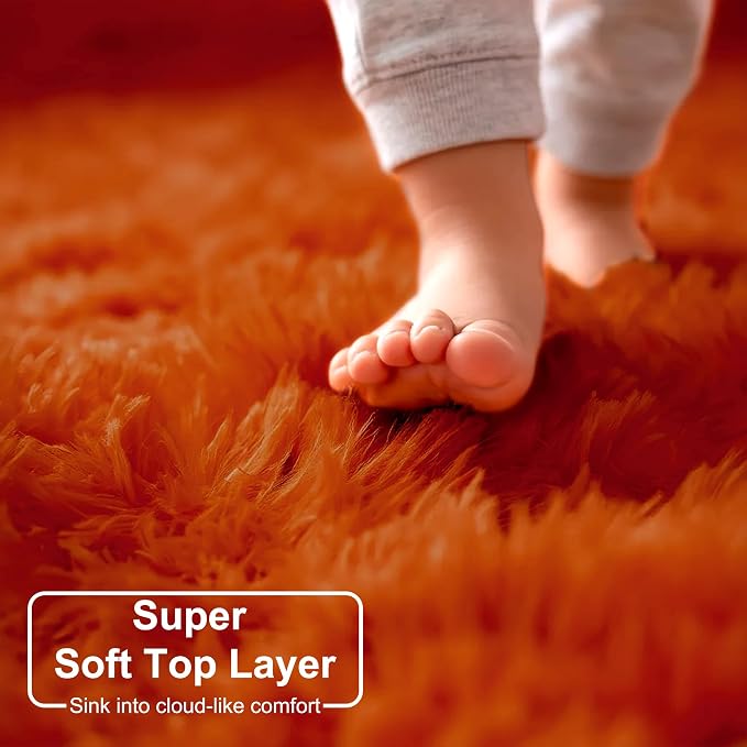 Amdrebio Burnt Orange Large Round Rugs 7Ft for Living Room Bedroom, Shaggy Plush Fuzzy Furry Circle Area Rugs for Kids Room Decor Aesthetic, Fluffy Shag Dark Orange Carpet for Nursery Dorm Classroom