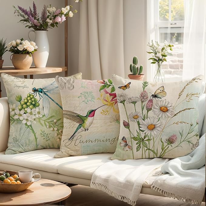 wyooxoo Throw Pillow Covers 20x20 Set of 4 Spring Summer Pillow Covers Flower Butterfly Bird Farmhouse Pillowcases for Sofa Couch Living Room Outdoor