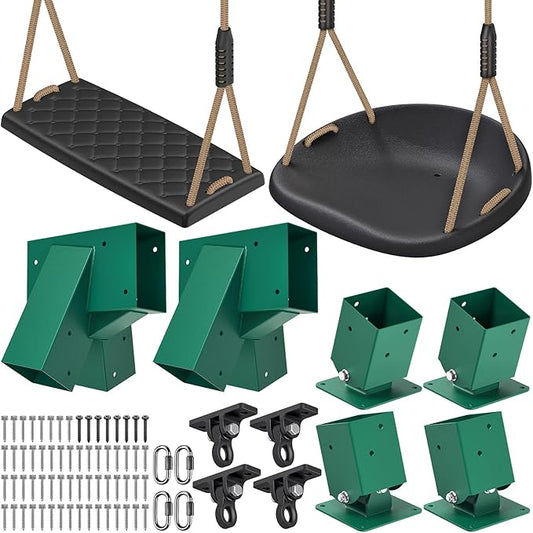 SELEWARE Heavy Duty Swing Set Brackets Including 2 A-Frame Swing Brackets, 4 Swing Leveling Base Brackets, 4 Swing Hangers & 2 Swing Seats, Complete DIY Outdoor Playground Hardware for Backyard, Kids