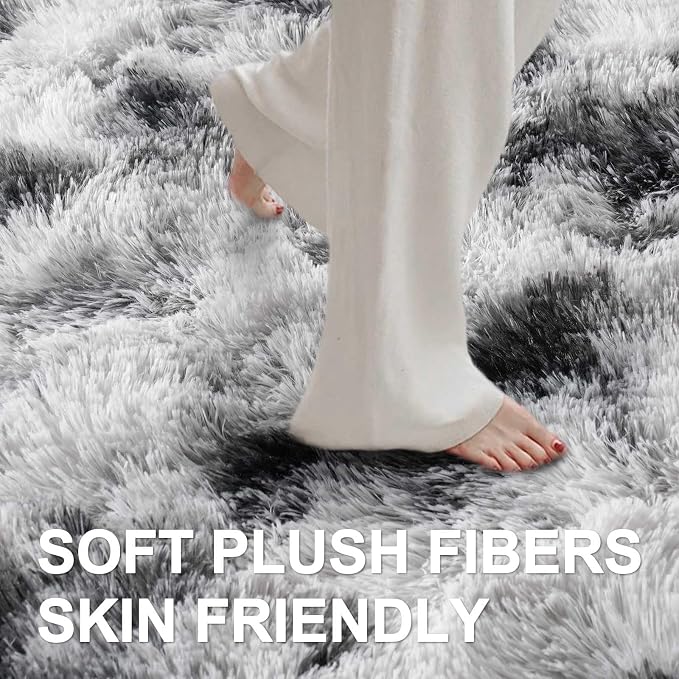7x10 Ft Extra Large Shag Rugs for Living Room, Tie Dyed Ultra Soft Fluffy Furry Area Rugs for Bedroom Indoor Floor, Aesthetic Carpet for Kids Home Decor Black White