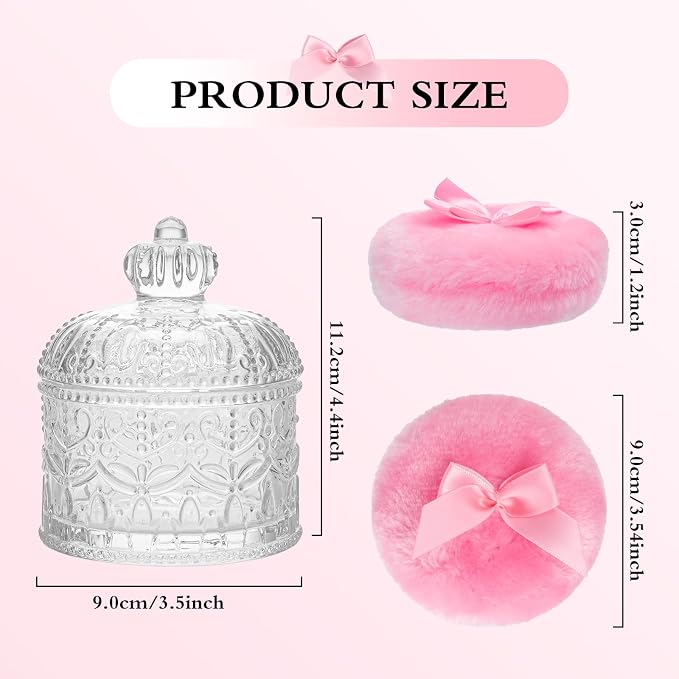 2 Pcs Large Body Powder Puff and Container, Powder Container with Puff, Dusting Powder Puff Crystal Case, Body Powder for Women Soft Washable Reusable Velour Face Body Glitter Wet Dry Makeup(Crown)