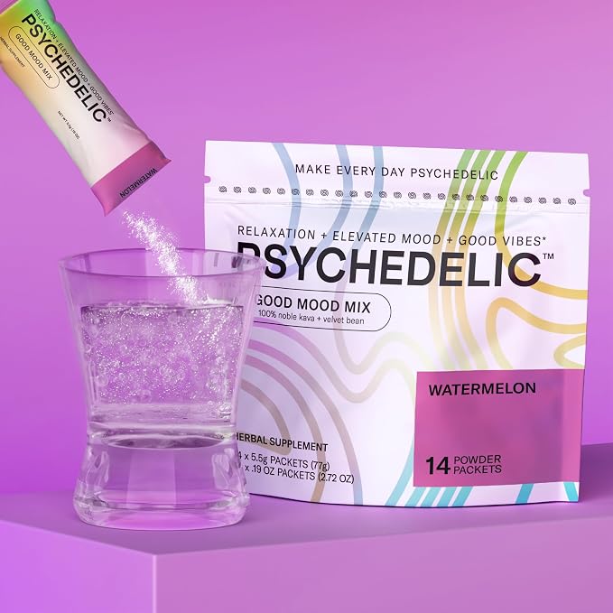 Psychedelic Water Good Mood Mix Watermelon Kava Drink Mix Packets - 250mg Noble Kava Root + Mucuna Pruriens - Vegan, Non-GMO, Gluten-Free - AlcoholFree Relaxation Drink - 14 Servings
