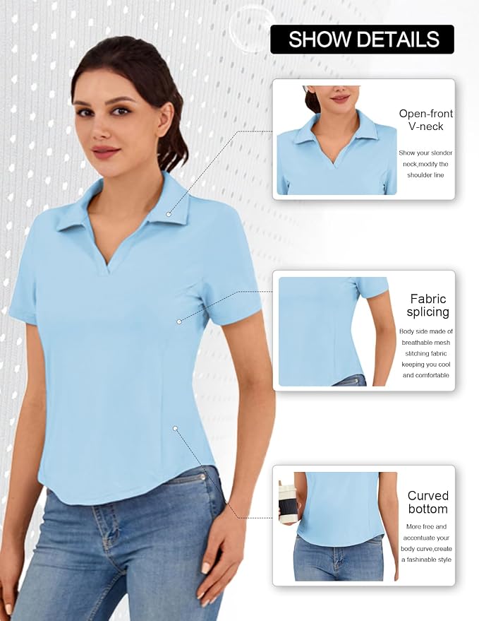 JACK SMITH Women's Golf Polo Shirt V Neck Short Sleeve Tennis Shirt Sun Protection Moisture Wicking Athletic Tops
