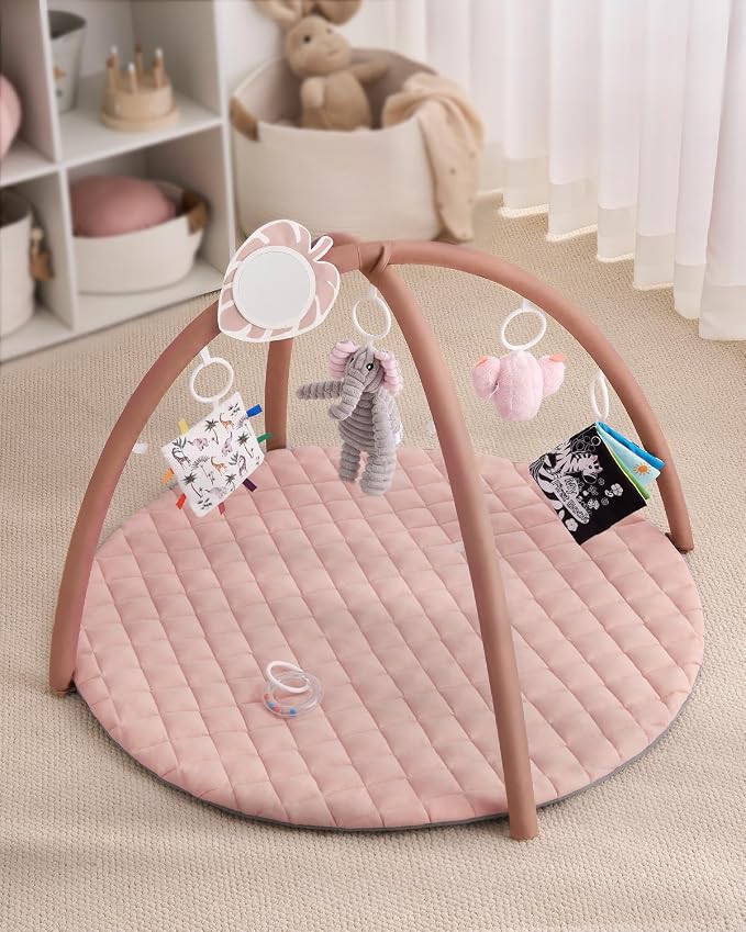 Blissful Diary Baby Play Gym Mat, Tummy Time Activity Mat with 6 Detachable Toys for Skill Development, Baby Essentials Gift, Soft Pink