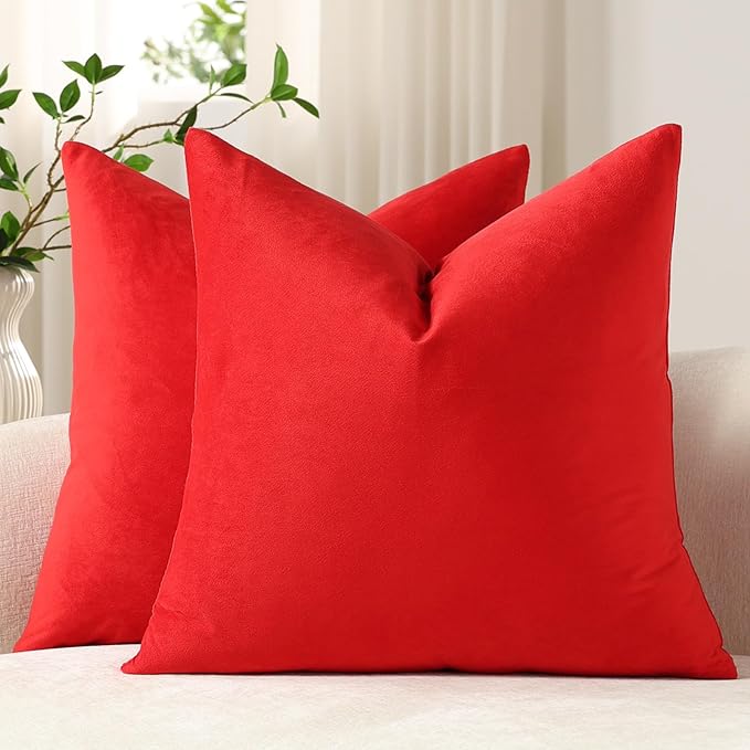 Euro Sham Covers 26x26 Christmas Red: Pack of 2 Cozy Soft Velvet Square Modern Luxury Decorative Throw Pillow Cases for Sofa Couch Living Room Bed Home Decor
